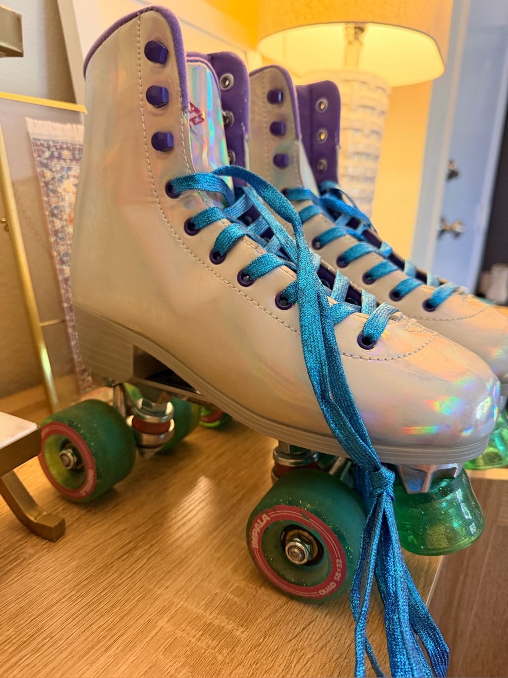 IMPALA Iridescent White Roller Skates with Blue Laces